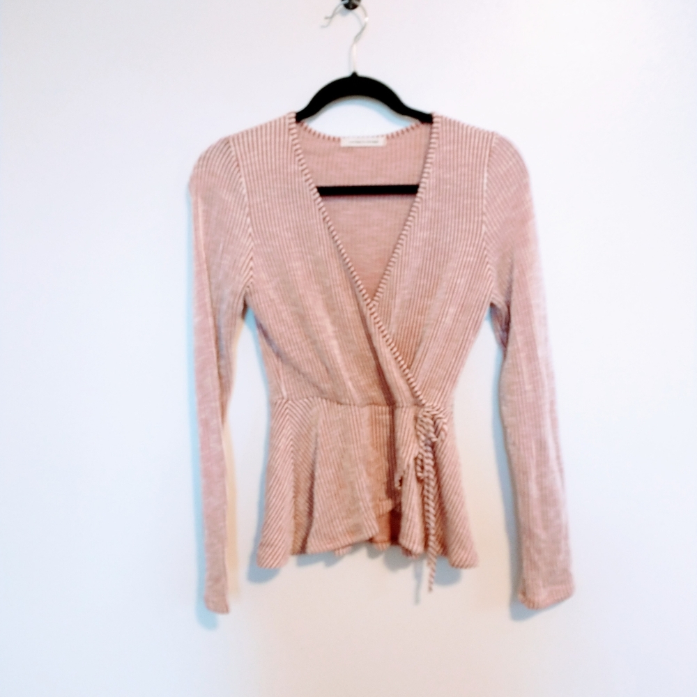Caution to the wind striped faux wrap top with long sleeves.  Tag removed, size